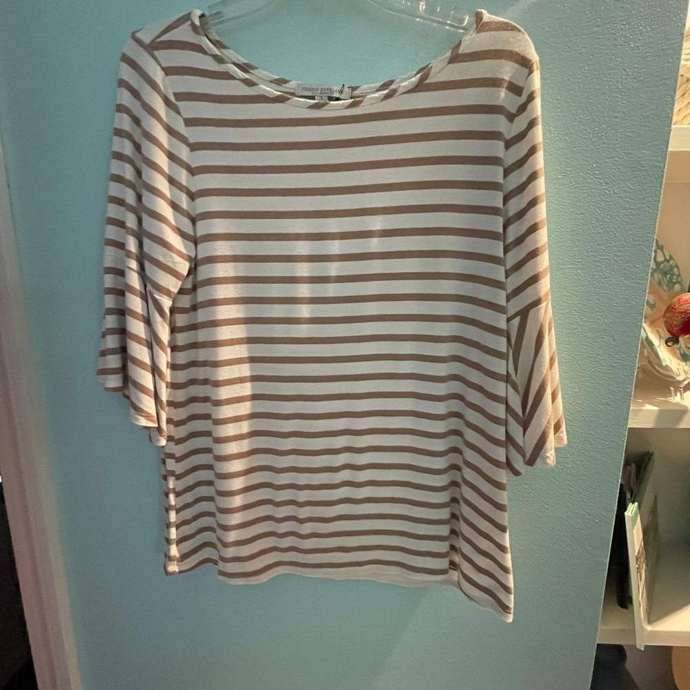 Tan And Off White Striped Bell Sleeve Top